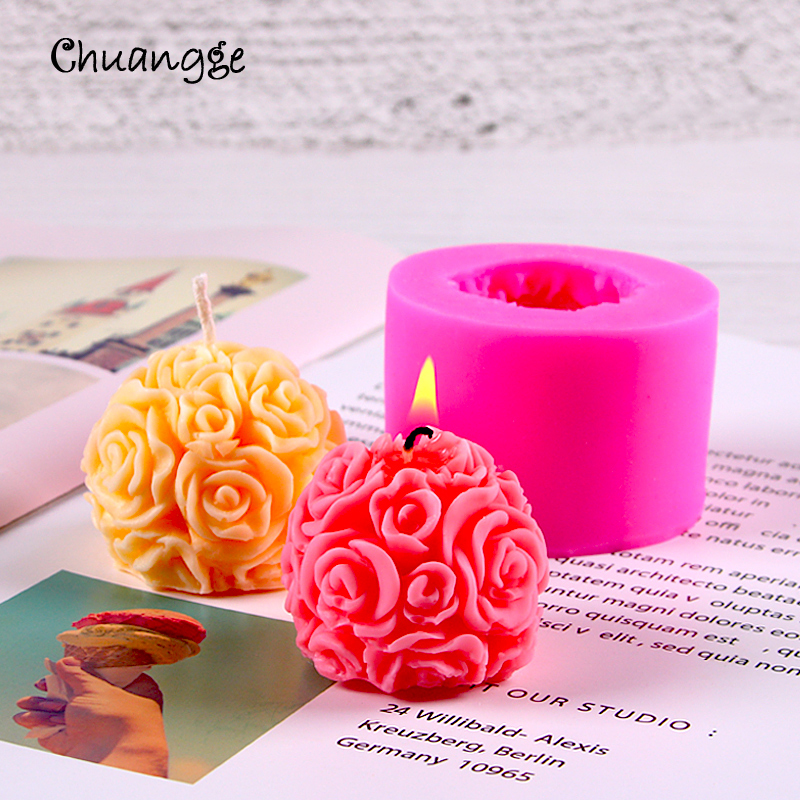 CHUANGGE Handmade Candles DIY Silicone Mold 3D Rose Ball Aromatherapy Wax Gypsum Mould Form Candles Making Supplies