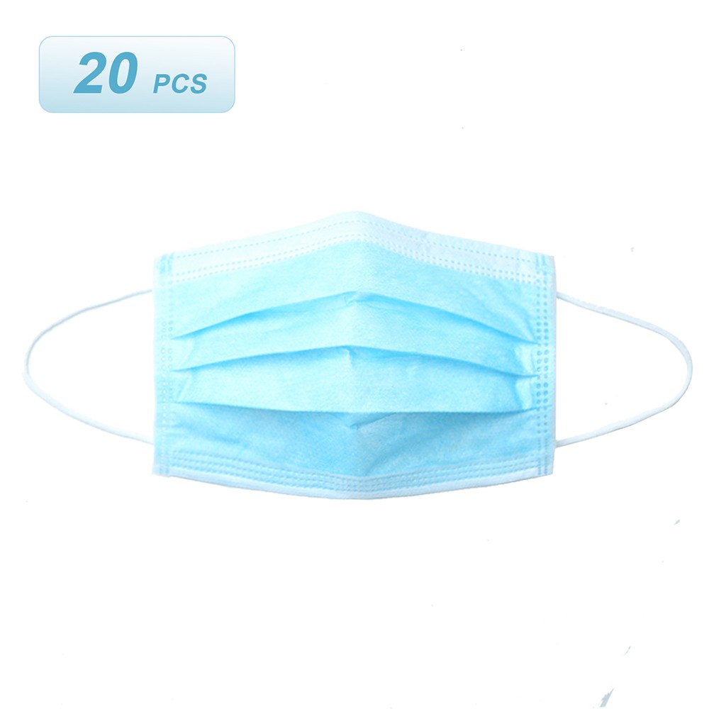 20pcs Disposable Mask 3 Layers Breathable Non-woven Earloop Face Mouth Cover Dust Pollen Allergies Filter Protective Sanitary Mask for Flu Season Dailywear Blue