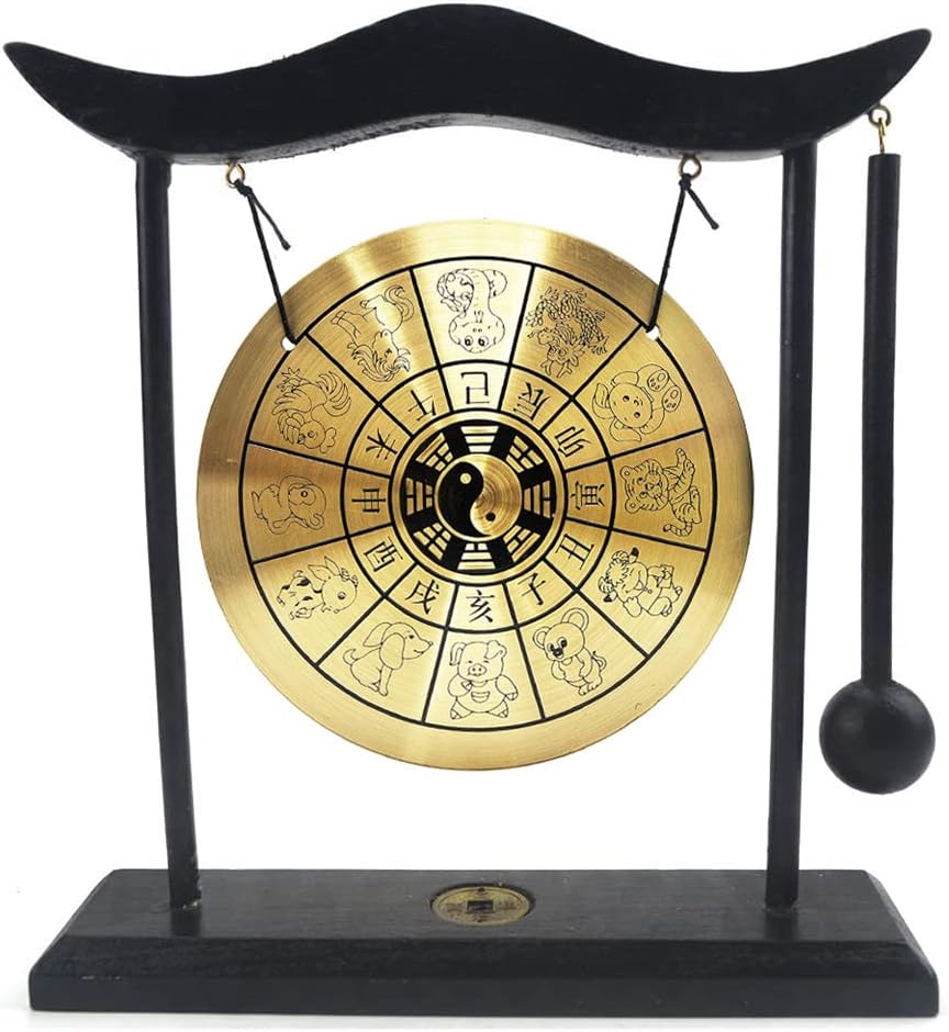 Zen Art Brass Feng Shui Desktop Gong with Chinese Zodiac Signs Decor