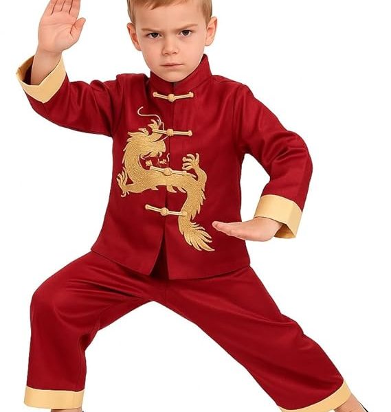 Lunar New Year Boys' Red Satin Tang Suit with Dragon Embroidery