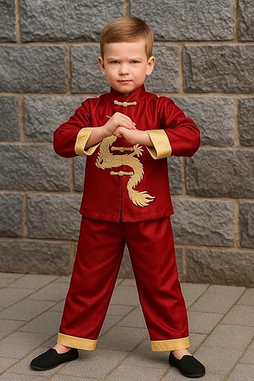 Lunar New Year Boys' Red Satin Tang Suit with Dragon Embroidery